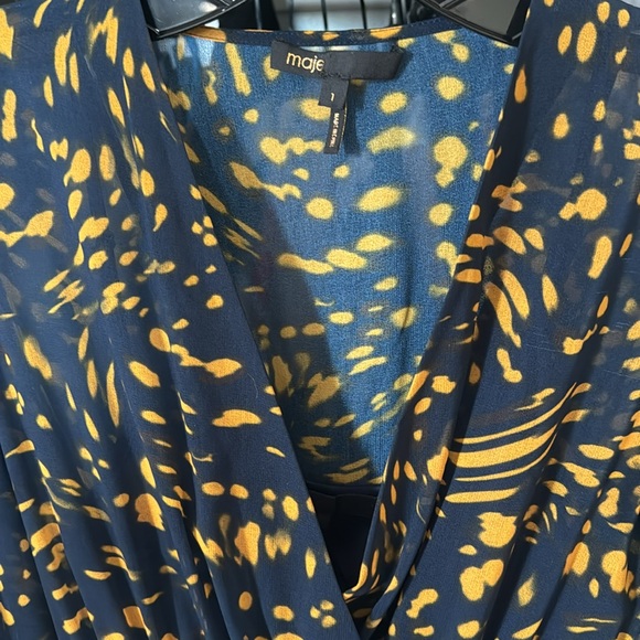 Maje Navy & Yellow Spotted Print Long Sleeve Midi Dress - Picture 8 of 11